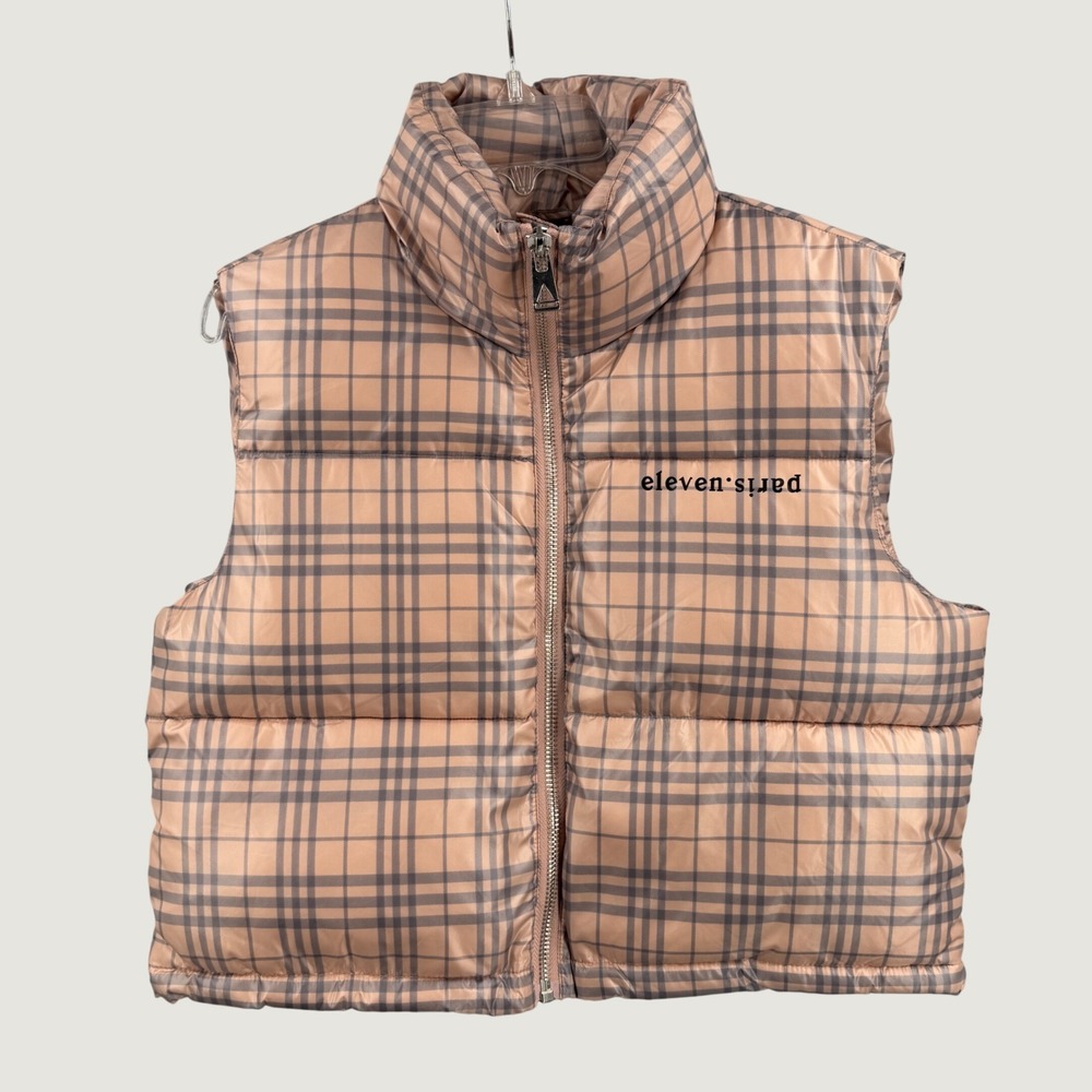 Eleven Paris Plaid Puffer Vest Womens Size XS Peach Whip Cinch Waist New